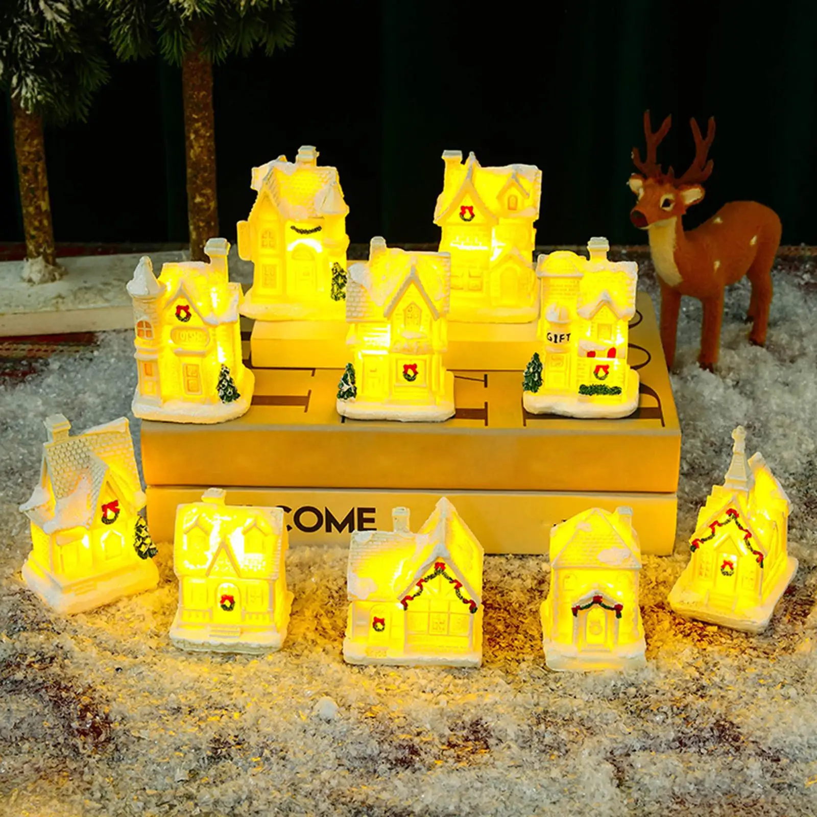 Christmas Glowing House Resin Ornament Illuminated Holiday Decoration for Living Room Desktop Bookshelf Cozy Home Decor Gift