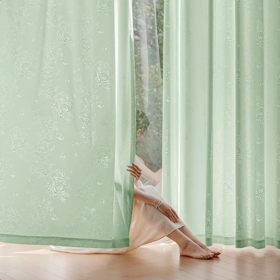 Green Floral Jacquard Sheer Curtains 84 Inches Long 2 Panels for Living Room Bedroom Semi Lace Flower Privacy Light Filtering N