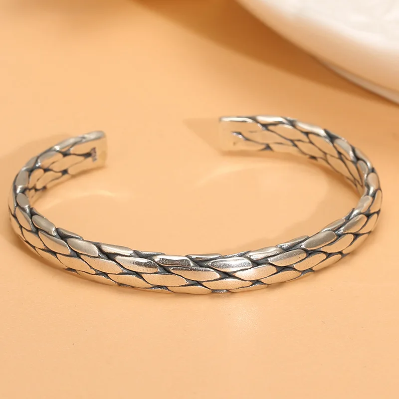 

Retro hemp rope braided thai silver open bracelet wholesale s925 sterling silver jewelry qingmai handmade silver bracelet