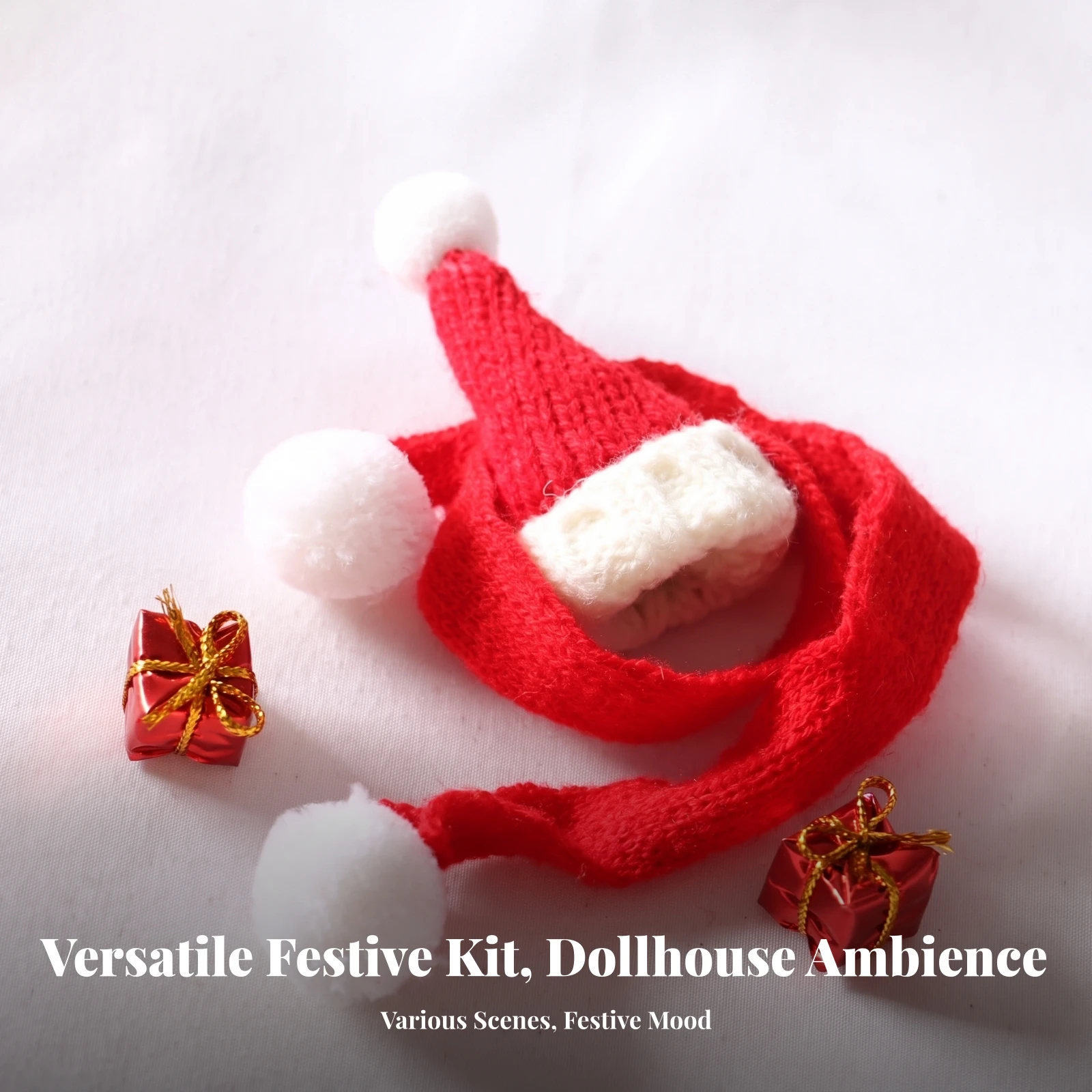 4 Pieces Miniature Scarf and Hat Set Knitted Miniature Christmas Set Mini Santa Hat Festive