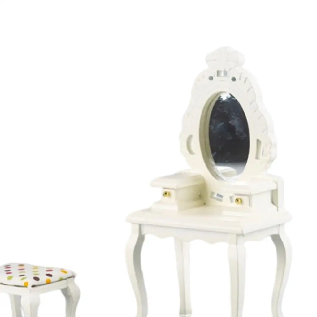 Coiffeuse Miniature faite à la main avec tabouret, maison de poupée 1:12