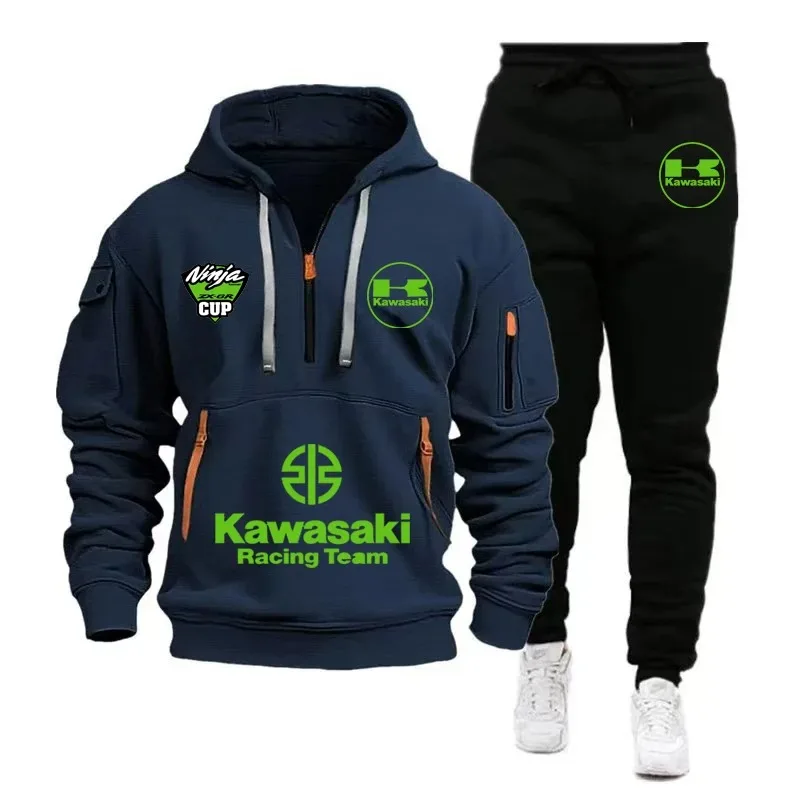 Kawasaki Men's Half Zipper Outdoor Extreme Sports Enthusiast Kawasaki Motorcycle Spring and Autumn Leisure Set Hoodie and Pants