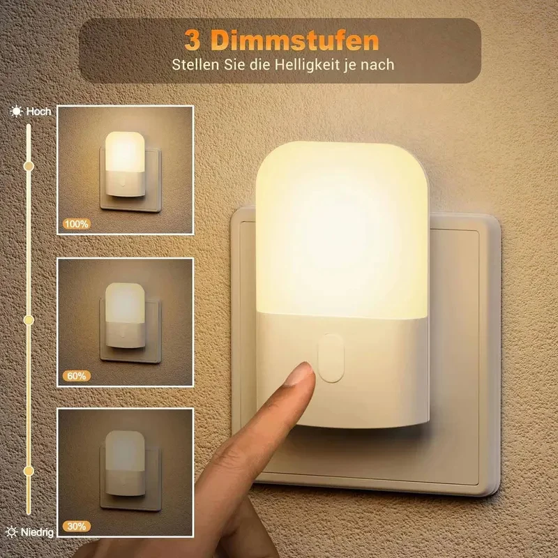 Dimmbares LED-Nachtlicht mit Ein-/Ausschalter, Steckdosen-Nachtlicht, automatische Dämmerungssensor-Funktion, 0,5W, 2700K, sanftes warmes Licht