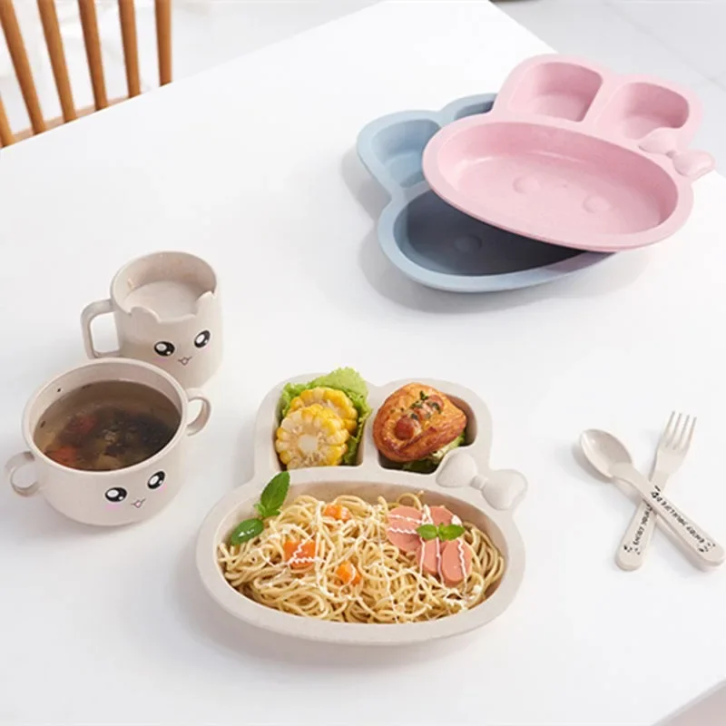 

5Pcs/set Yellow Duck Cartoon Cutlery Set Home Dinnerware for Kid Baby Toddler Divided Plate with Sectioned Feeding Tableware Set