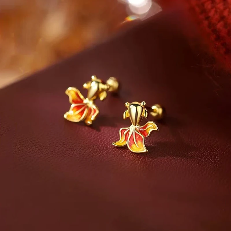 

925 Silver Enamel Fish Bead Screw Animal Stud Earrings For Women Classic Fine Jewelry Light Luxury Pretty Accessories