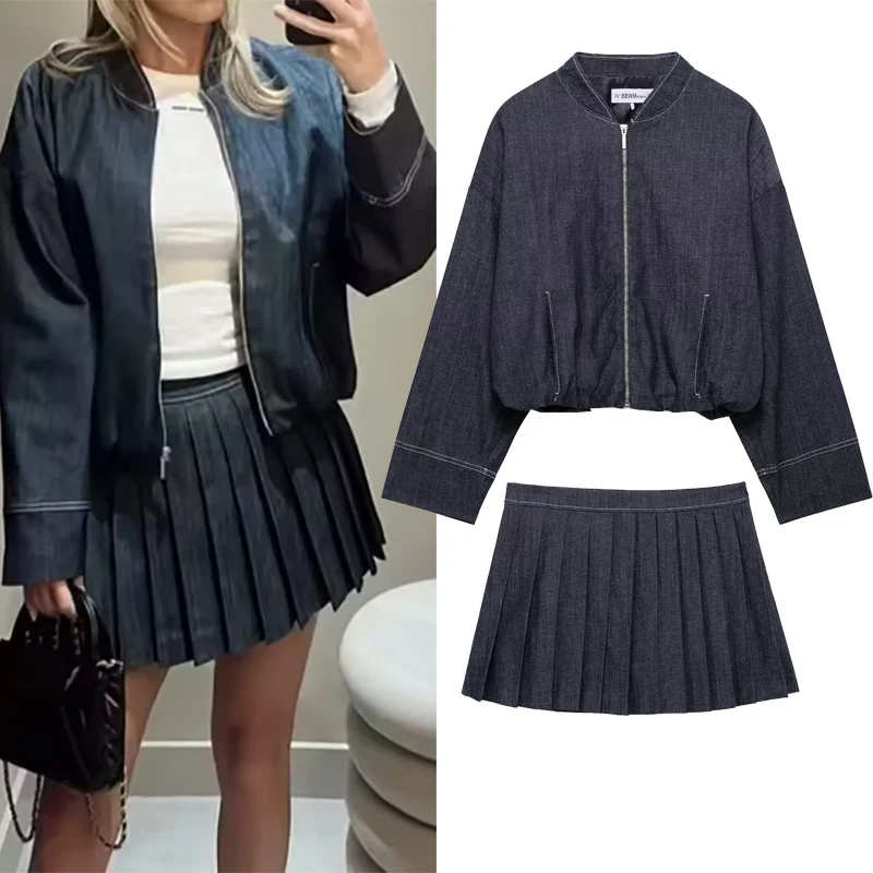 

Autumn Women 2 Pieces Set V-Neck Long Sleeve Denim Bomber Jacket Coat +Wide Pleated Mini Skirt Female Casual Versatile Wear 2025