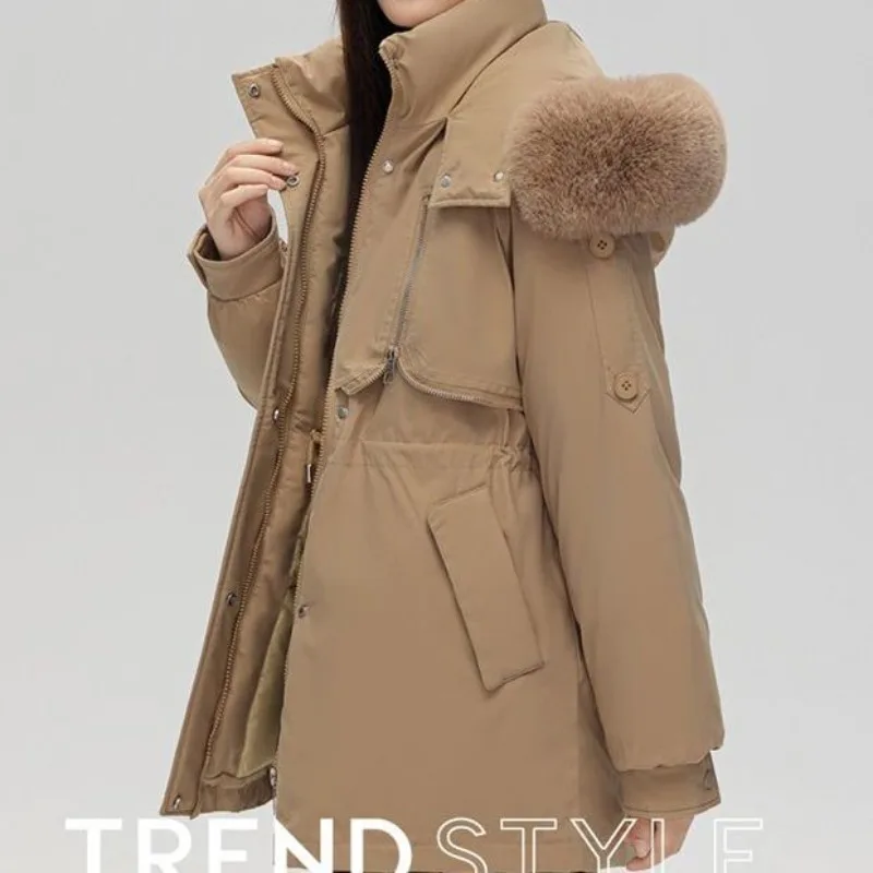 New Women's Down Cotton Coat, Long Winter Cold Warm Padded Jackets, Female Korean Loose Hooded Fur Collar Parker Cotton Clothes