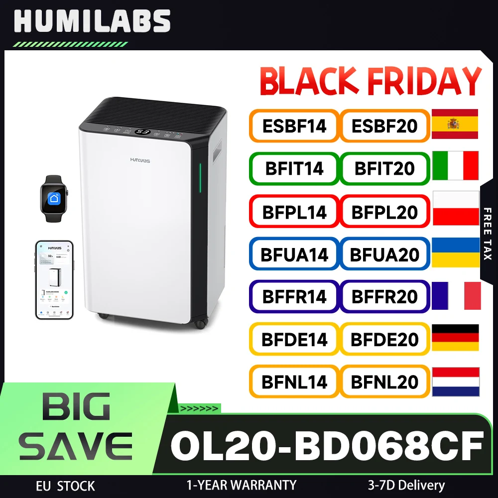 Deumidificatore portatile HUMILABS OL20-BD068CF, capacità di deumidificatore da 20 litri, filtro rimovibile, serbatoio da 4,5 litri e tubo di scarico, 3 modalità, Wi-Fi