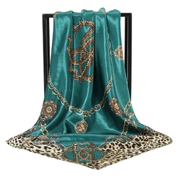 Pañuelo cuadrado de seda satinada para mujer, turbante Hijab estampado con cadena de leopardo, Bandana informal musulmana, diadema de moda, 90x90cm