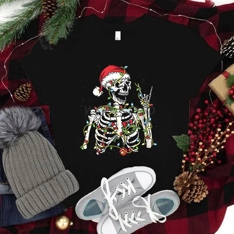 Christmas Santa Skull T Shirt Streetwear Men's Clothing Trendy Short Sleeve O-Neck Tee Top Christmas Lights Skeleton Street Tees