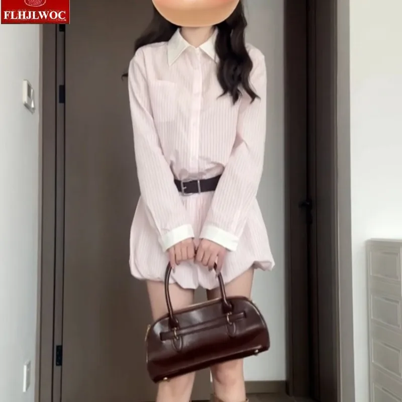 Vestido camisero bombachos a rayas nueva moda mujer 2025 otoño manga larga Chic Corea Japón estilo niñas Rosa lindo Puff Mini vestidos