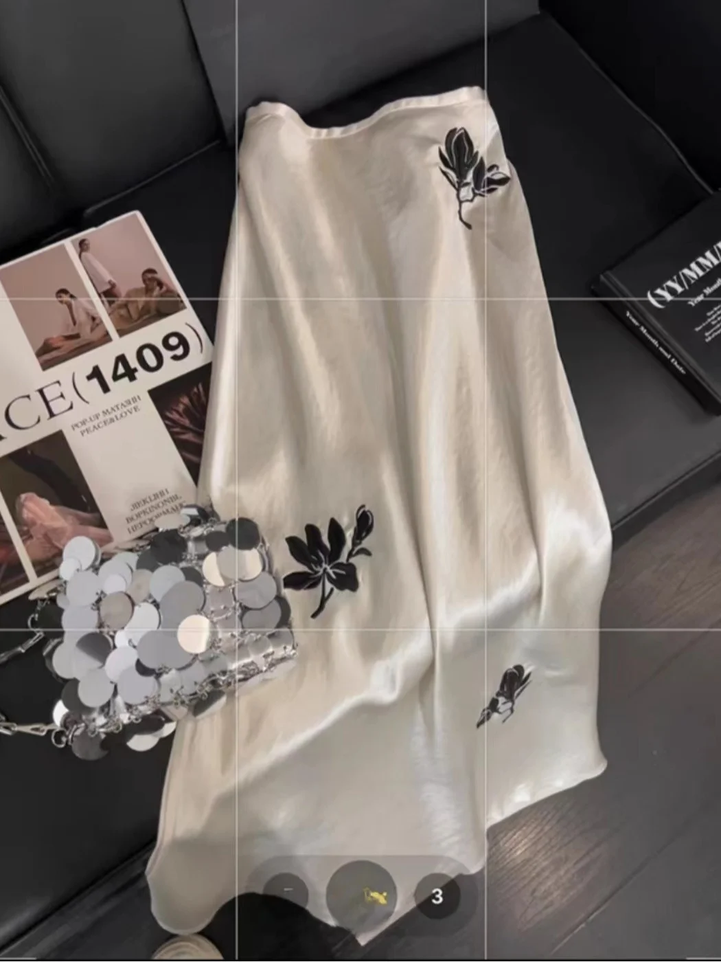 

Ele Acetate Satin Embroidered f Skirt Women's Summer New High-End Drapey Wrap around A-Line Midi Skirt Floral Pattern