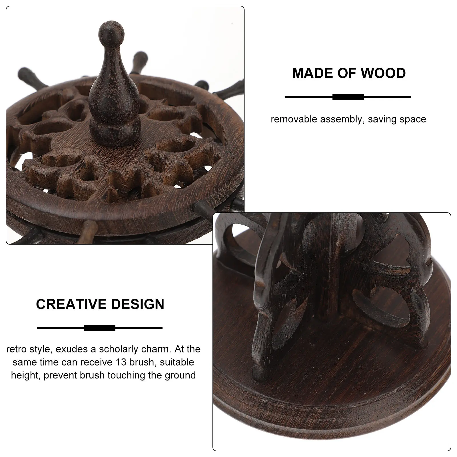 1Pcs Wooden Brush Pen Holder Round Base Vintage Hanging Pen Rack Ink Brush Stand Multi-Purpose Desktop Decor Office School