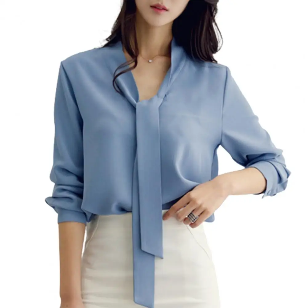 

Comfortable Blouse Stylish Women's Summer Shirt with V-neck Lace-up Collar Long Sleeve Loose Fit Office for Workwear for Comfort