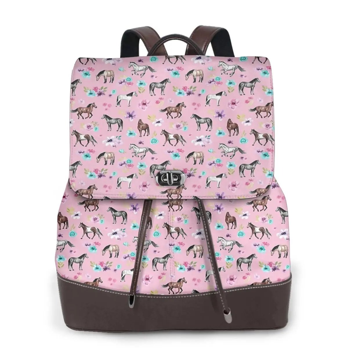 Horses And Flowers On Pink, Equestrian Art, Horse Decor Bookbag School Student Bags Hiking Travel Daypack Women Derma Backpack