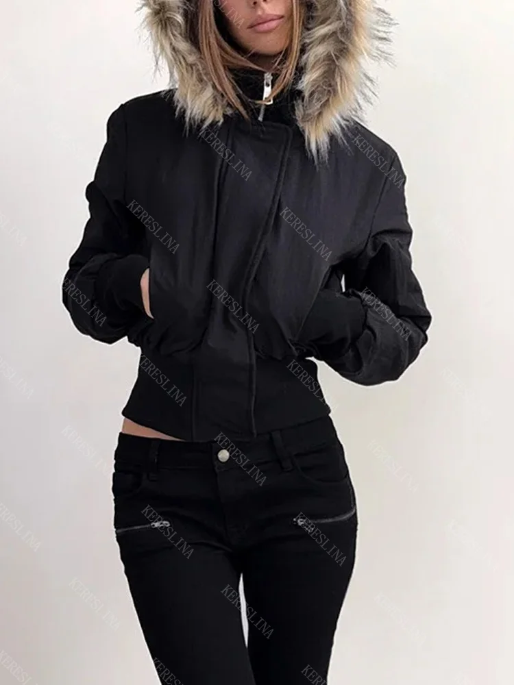Solid-color autumn/winter women's hooded sweatshirt jacket European and American Harajuku emo girl women's fur collar jacket top
