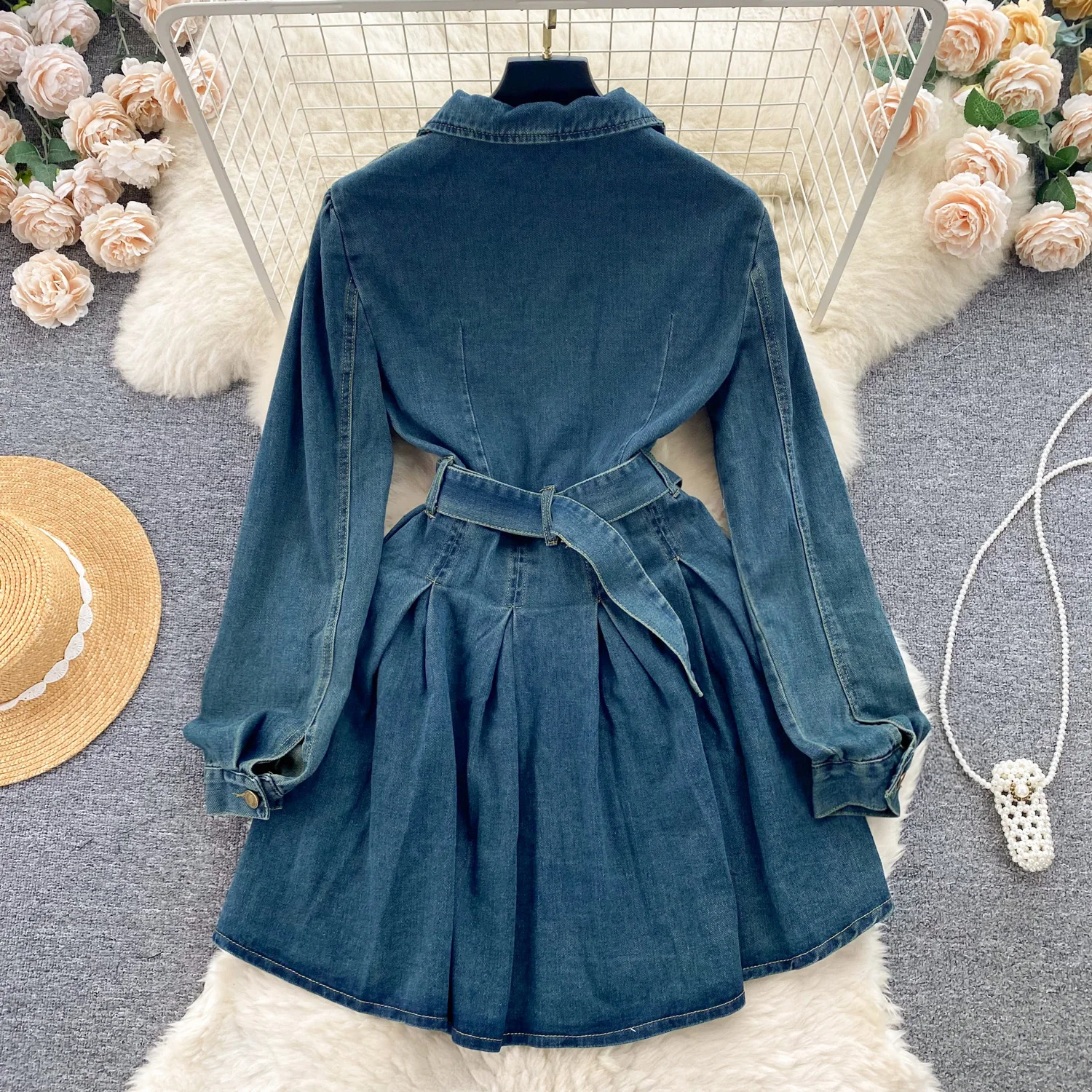 Autumn New Women's Denim Dress Vintage Laple High Waist Long Sleeve Dresses Temperament Female Mid-length Slim Pleated Vestidos