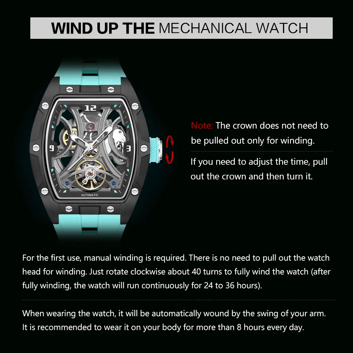 MEGIR Sport-Stil, automatische mechanische Uhr für Herren, voll hohl, transparentes Zifferblatt-Design, Edelstahlgehäuse, Silikonarmband – Detail 2