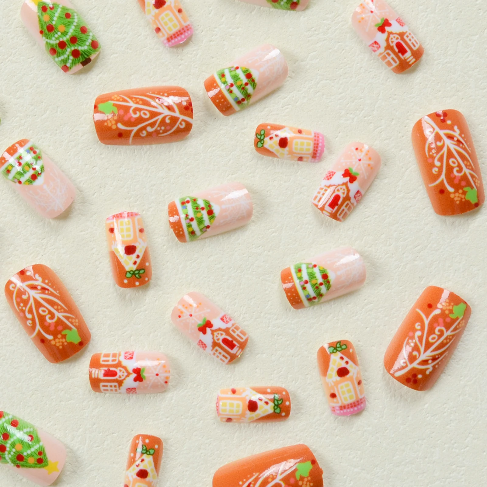 

24 шт., рождественские накладные ногти, красный, зеленый цвет, средней длины, пресс для гроба на ногтях, мультяшный Санта-Клаус/Рождественская елка, дизайн ногтей с принтом