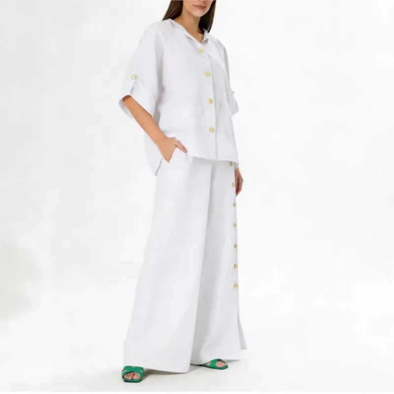

Women's Two-piece Loose Short-sleeved Cardigan Wide-leg Pants 2026 Spring And Summer New Fashion Button Casual Solid Color Suit