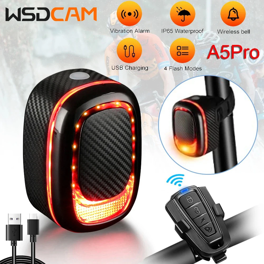 WSDCAM-luz trasera para bicicleta, alarma impermeable para bicicleta, Control remoto, carga USB, alarma de vibración para bicicleta, detección de