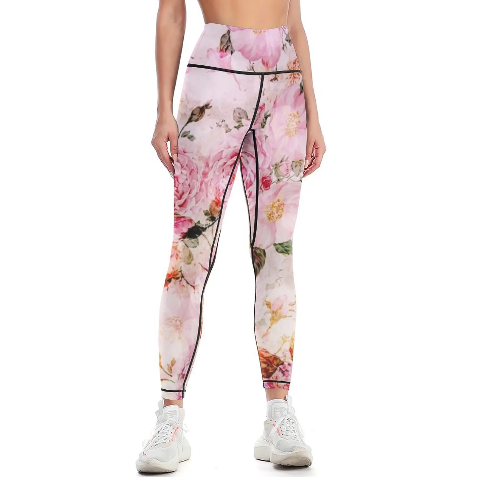 

Chic girly pink watercolor vintage floral pattern Leggings Pants sport legging pants raises butt Womens Leggings