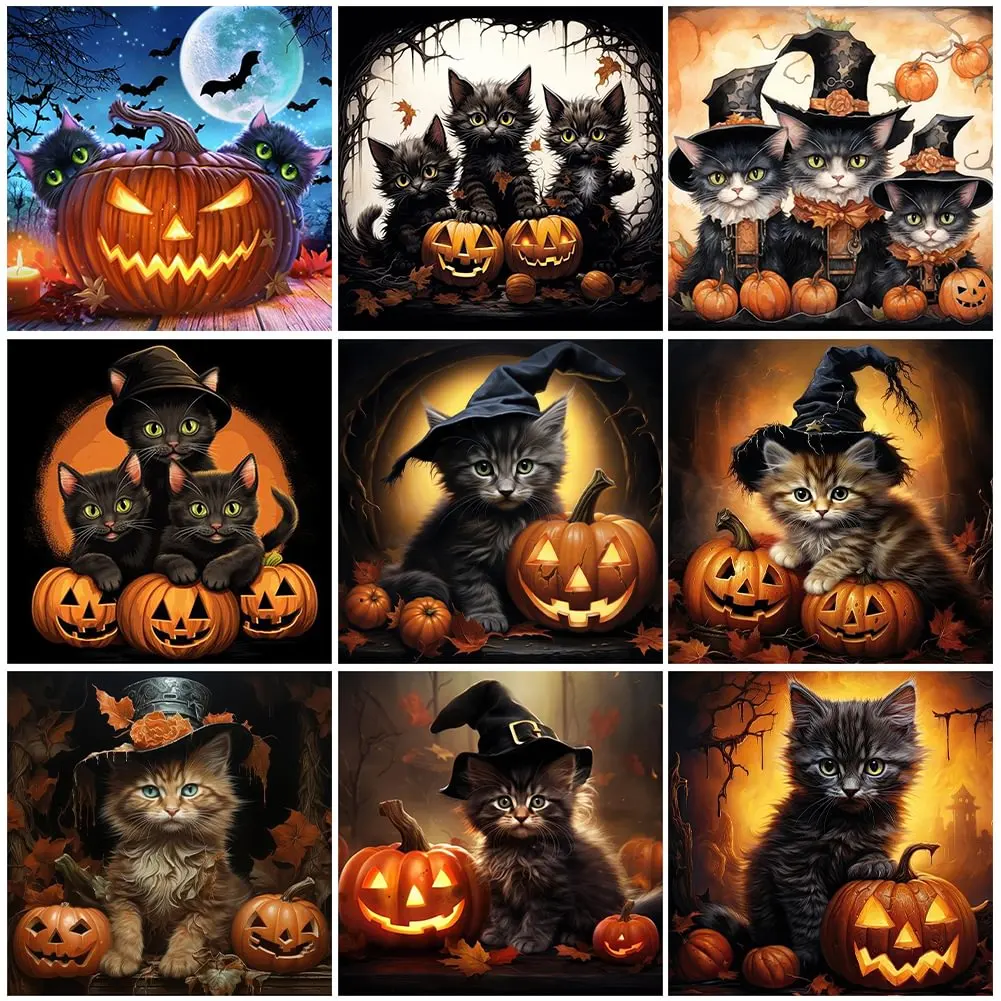 Halloween Pumpkin Black Cat Diy Diamond Painting Cross Stitch Kits Animal Full Diamond Mosaic Embroidery For Hallowen Home Decor