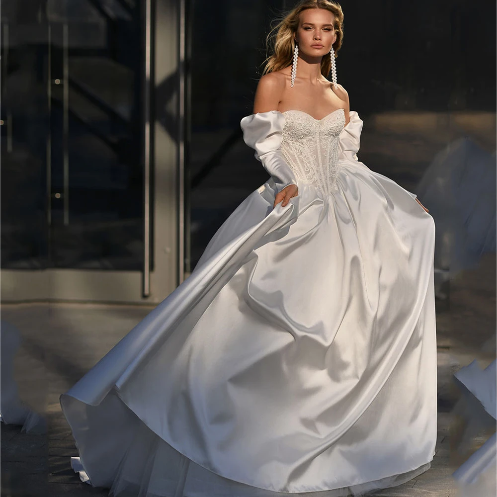 Robe de Mariée Classique Personnalisée, Manches sulf, Col en Cœur, Ligne A Lisse, Dos Ouvert, Traîne de Balayage, Belle Applique