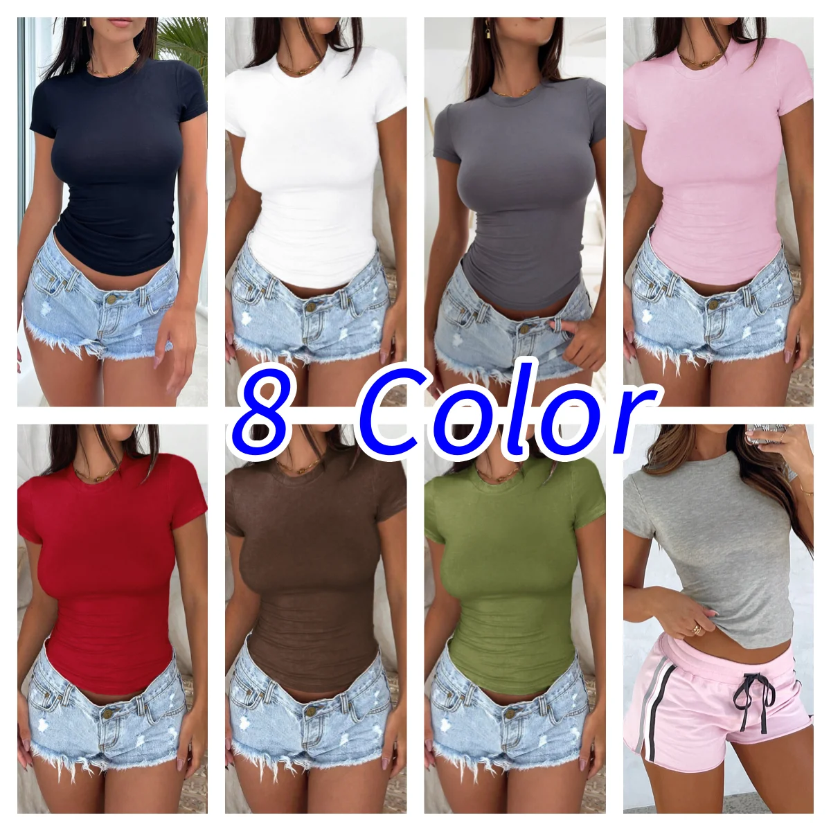 Top Women Slim Fit Short Sleeve Women's Crew Neck  Double Lined Basic T-Shirt Pure Color Female High Street Clothing