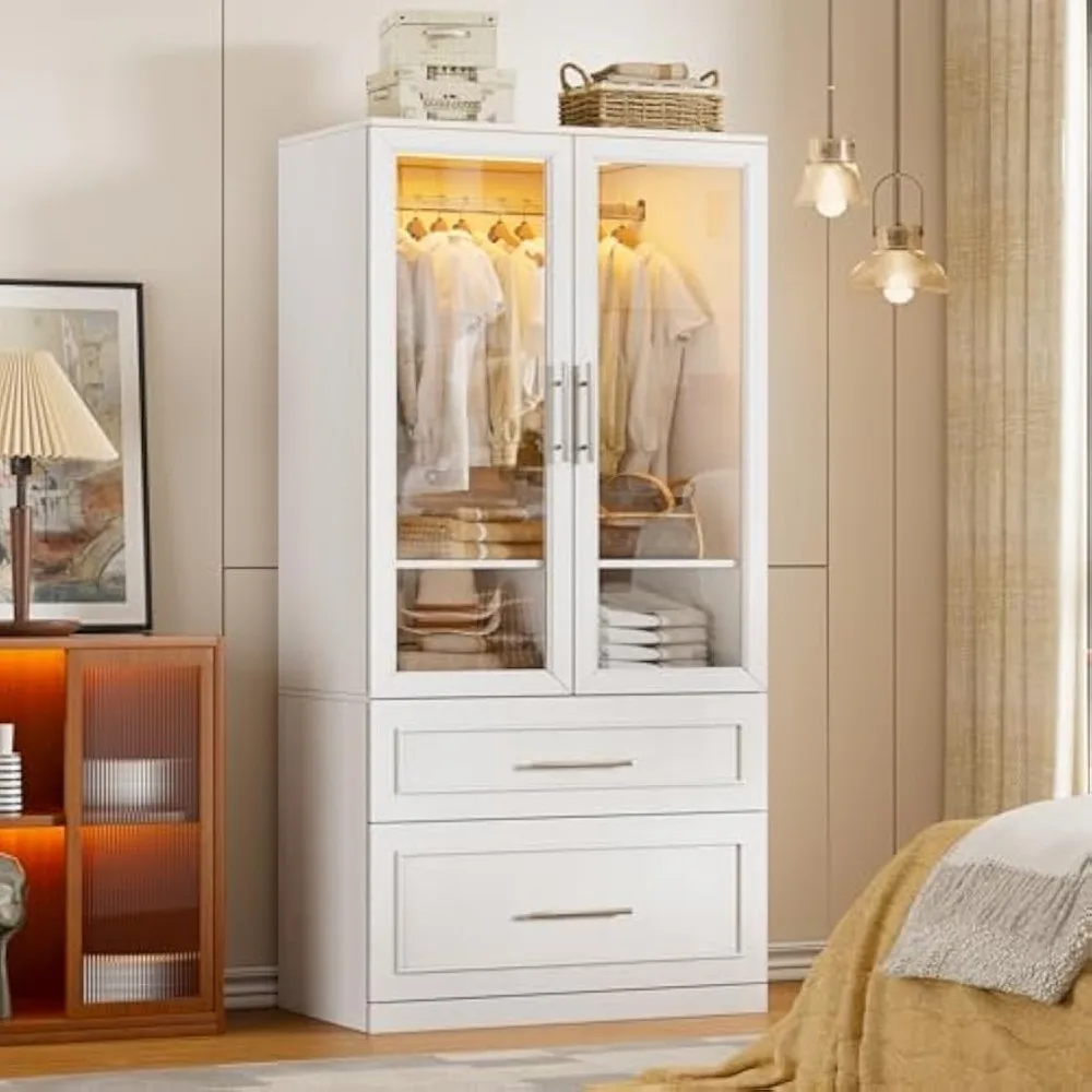 

71" Tall 2 Doors Armoire Wardrobe Closet with 2 Drawers and LED, Wooden Armoire Storage Cabinet, Closet Wardrobe Cabinet