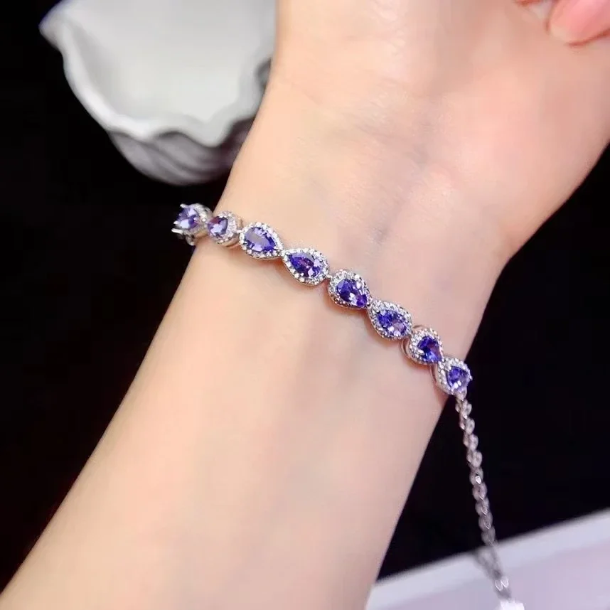 100% Natural Tanzanite Bracelet for Wedding 4mm*6mm Light Blue Pearcut Tanzanite Silver Bracelet 925 Silver Gemstone Bracelet