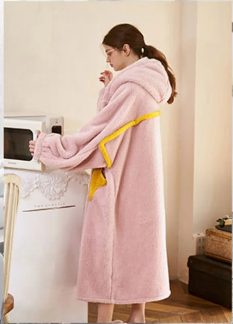 Young Girl Winter Thin Nightgown Length To Shank Polyester Warm Comfortable Colorful Tiny Spot Leisure Wear With Star Pocket