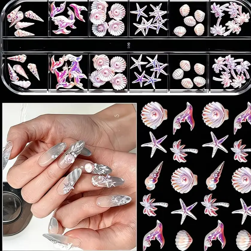 12Grids Aurora Ocean Shell Starfish Nail Charms Summer Coconut trees Conch Nail Art Rhinestones DIY Crafts Manicure Decoration