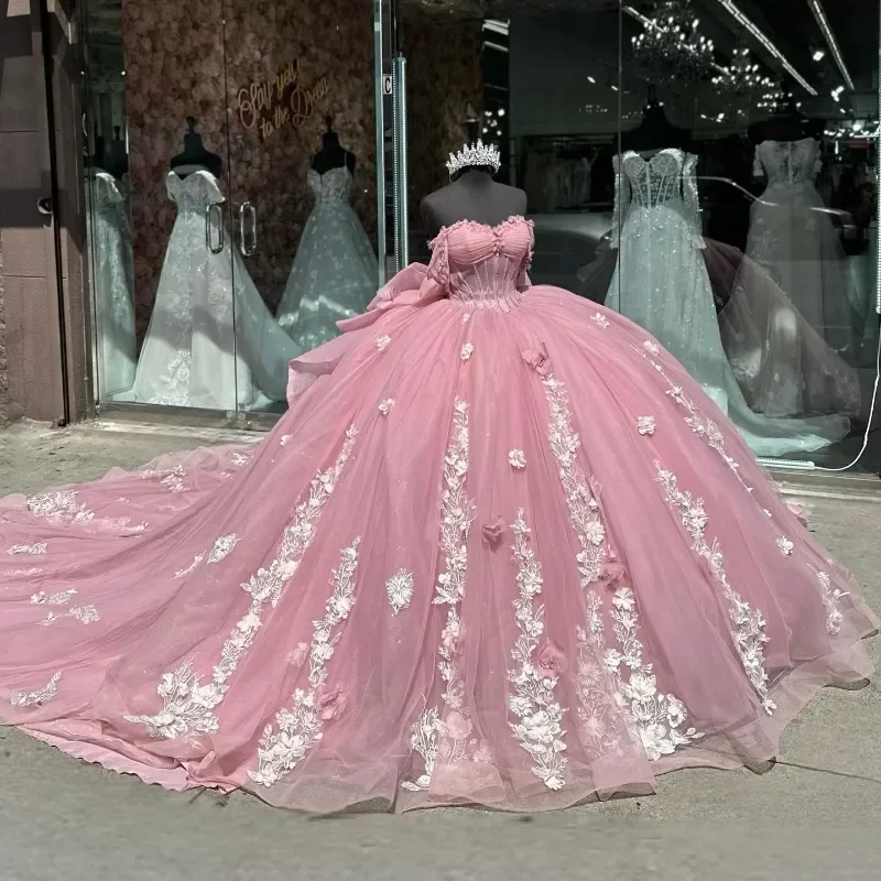 ANGELSBRIDEP Glitter Pink Quinceanera Dresses 3D Floral Applique Lace Beading Tull Mexico Sweet 16 Vestido De 15 Anos Customized