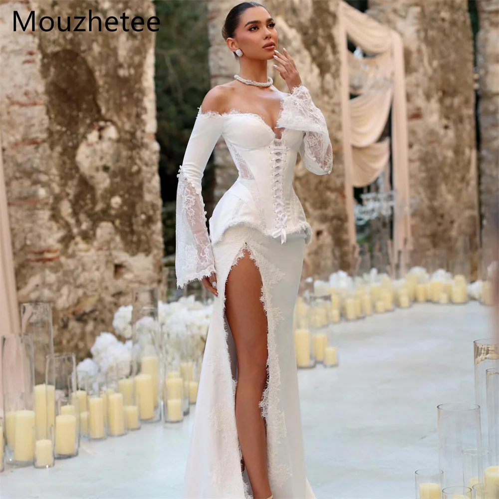 

Mouzhetee A-Line Off The Shoulder Lace Side Split Wedding Dresses Long Sleeve Elegant Brides Gown Custom Made 2025
