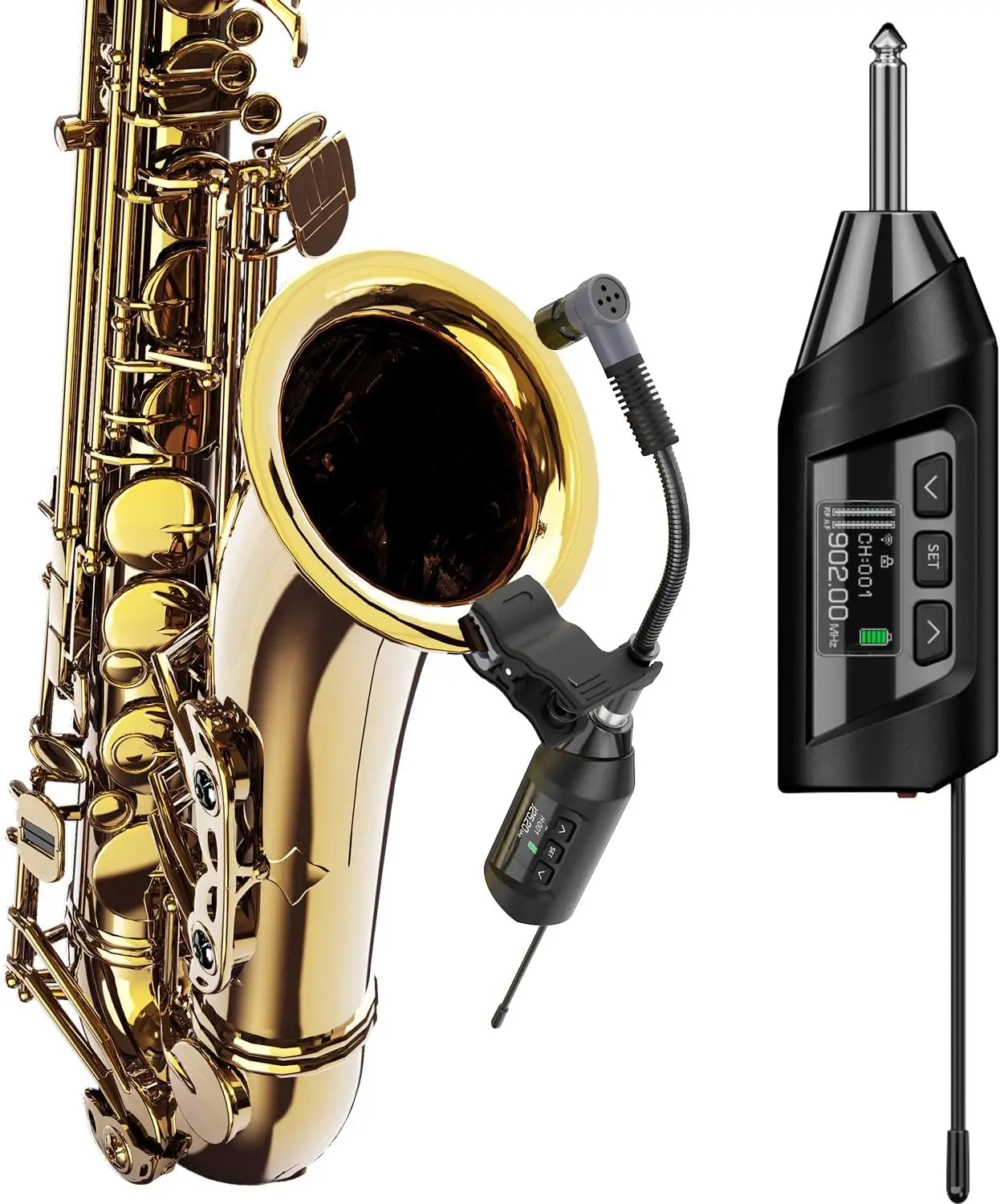 Saxophone Microphone System, Clip-On Instrument Microphone for Sax and Trumpet, Preset EQ & Echo Level 196 Ft Transmiss