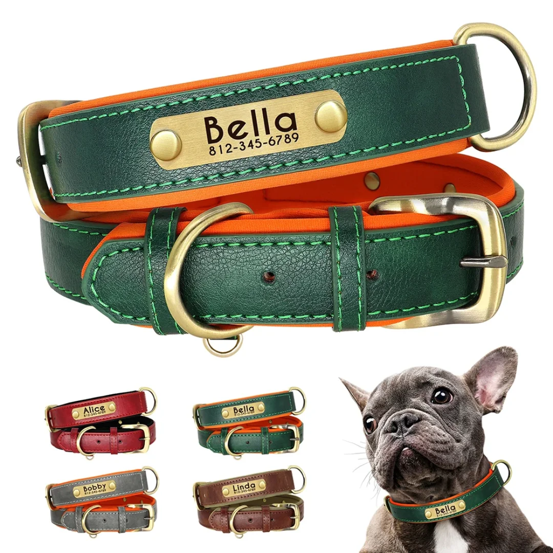 

Customized PU Leather Nameplate Dog Collar Soft Padded Dogs Collars Free Engraving Name for Small Medium Large Dogs Adjustable