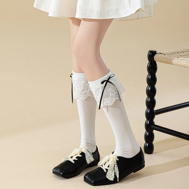 

Lace Ruffle Socks Stockings Women Ribbon Bow Lolita Kawaii Cute Solid Color Long Socks JK Sweet Girls Knee Socks Women Stockings