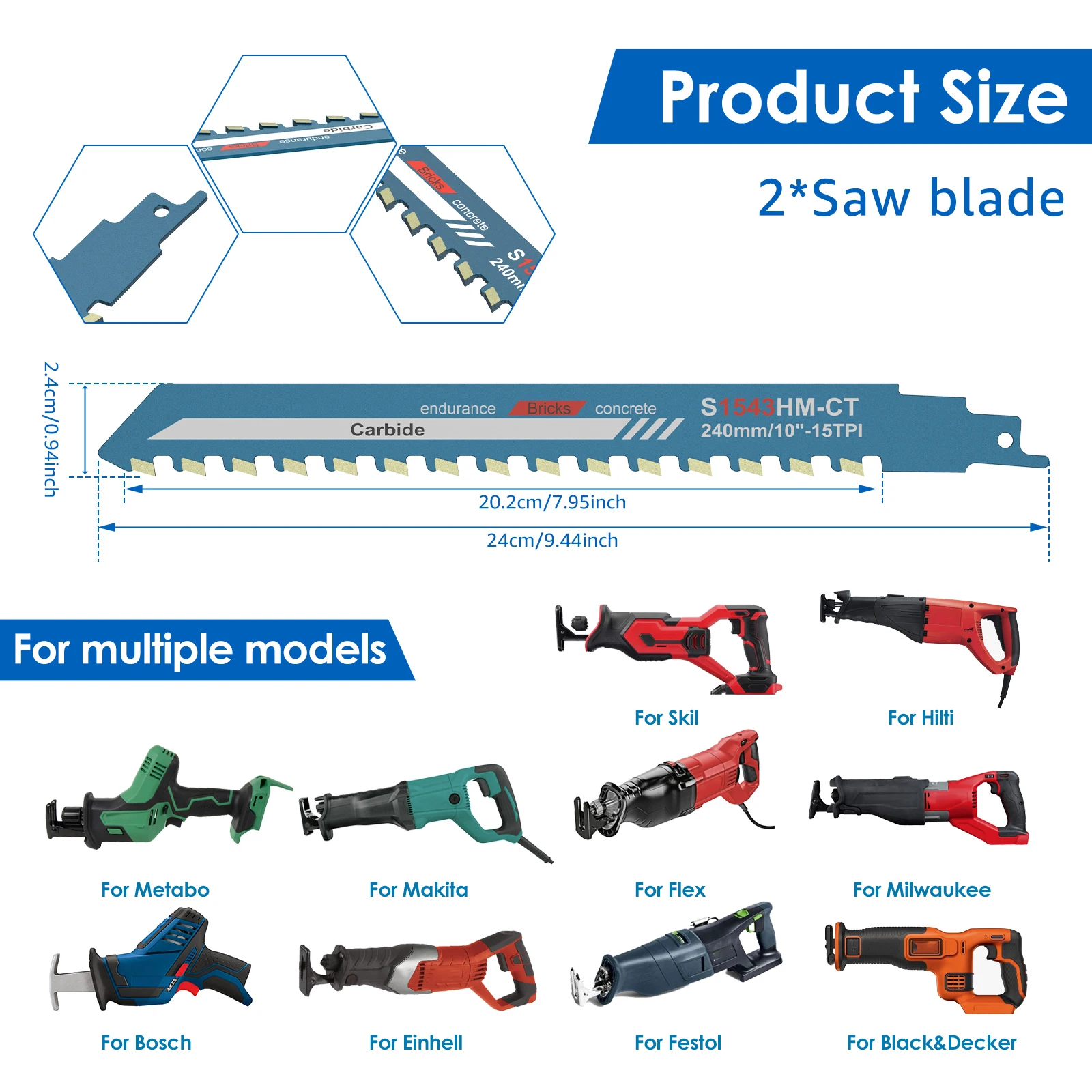 1/2 Pcs Reciprocating Saw Blade Cemented Carbide Cutting Concrete Saw Blades Alloy Steel 240 mm Cutting Tools for Cement Stone