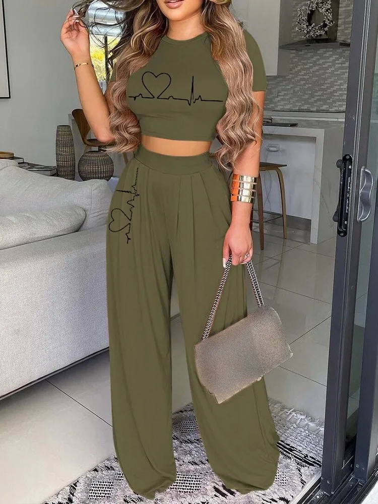 Women Open Bellybutton Set Summer Leisure Fashion Heartbeat Short Sleeved Top High Waist Women Wide Leg Long Pants Two Piece Set