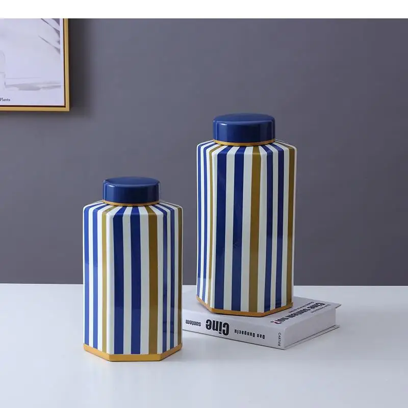 Blue and White Checkered Pattern Gilded Ceramic Jar Hexagonal Bottle Storage Jars with Lids Modern Decor Tea Caddy Candy Pots