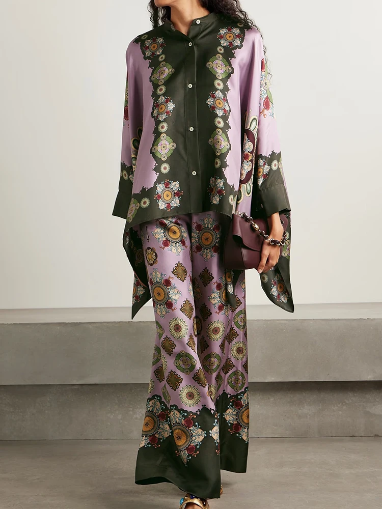 Nouveau Chic col rabattu demi manches imprimé vacances Cardigan haut avec pantalon à jambes larges-ensemble de tenue deux pièces pour femme printemps été