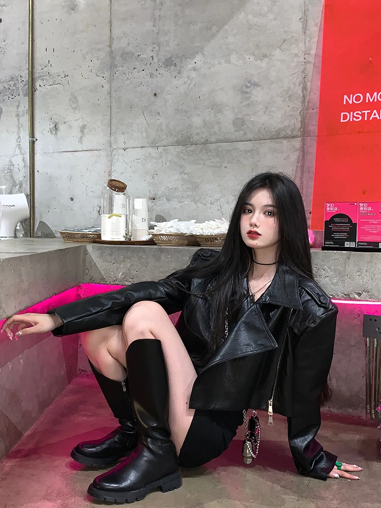 2023年春新作 Sle レディース ルーズ ブラック バイクジャケット レザーコート スイート クール バイカー服 ラウンドネック ロングスリーブ