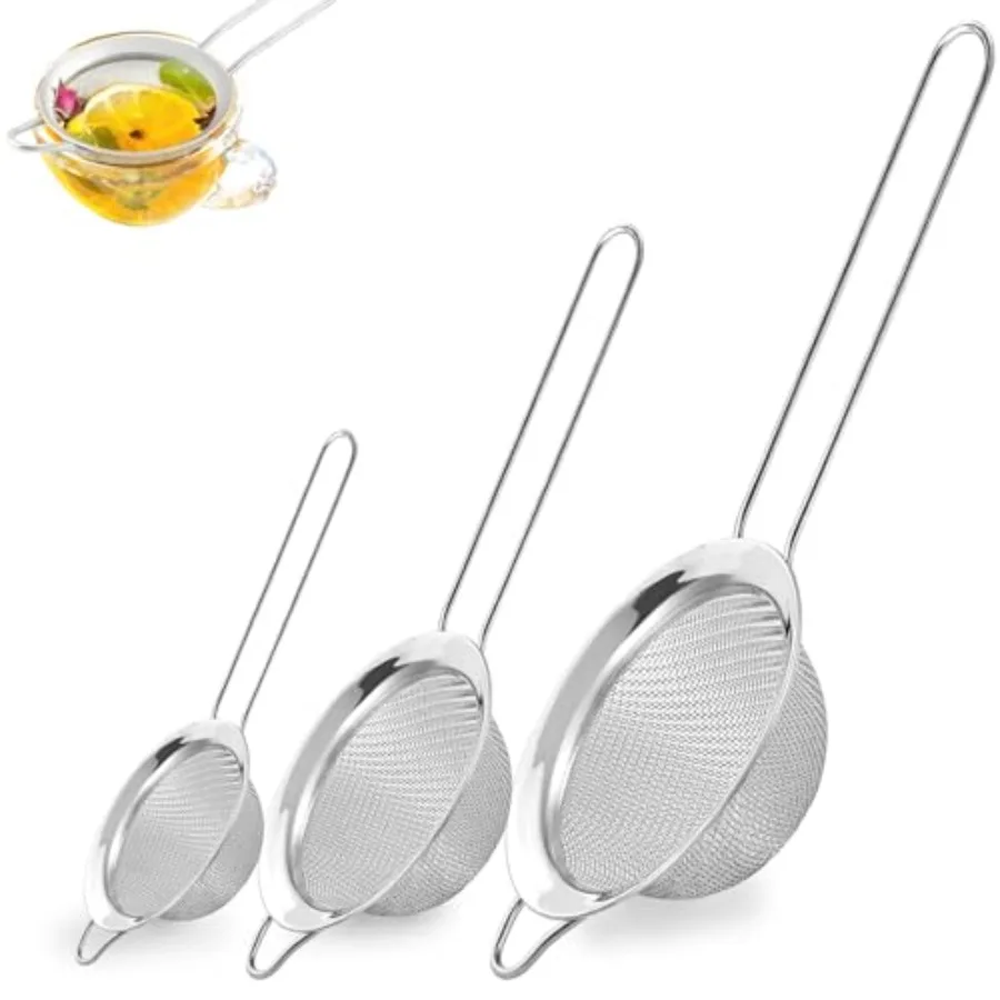 3Pcs Fine Mesh Strainer with Handle, Small Sifter Strainers Set, Stainless Steel Sieve Colander for Kitchen Baking Juice Quinoa