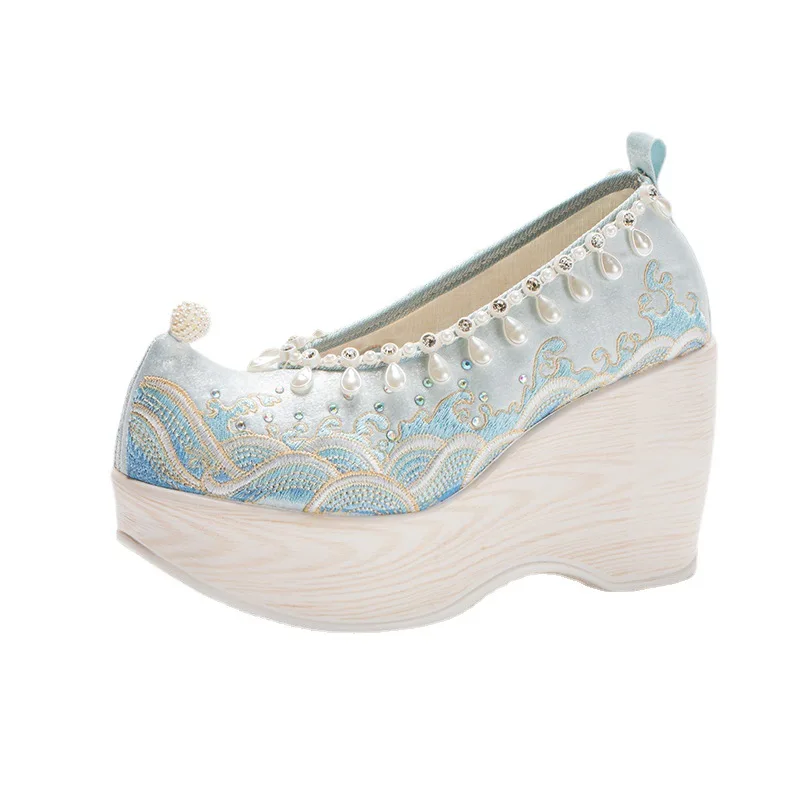 Estilo chinês de luxo pérola sapatos femininos primavera 2024 novo hanfu elegante cunha bordado sapatos plataforma senhoras do vintage salto alto