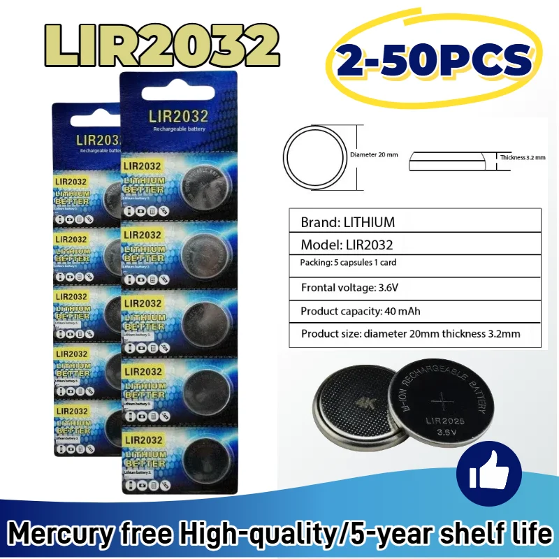 top2-50PCS LIR2032 Conveniently Rechargeable Battery 2032 Lithium charging Can Replace 3.6v 40mAH CR2032 for watches Coin Batter