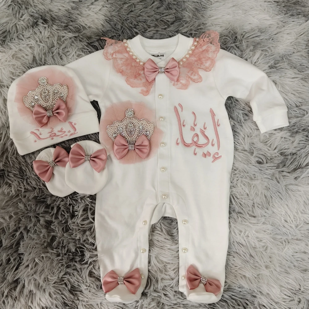 Custom Name Lilax Baby Girl Jewels Crown Layette 3pcs Gift Set 0-3 Months Pink Butterfly Take Me Home Cotton Romper Outfit Set