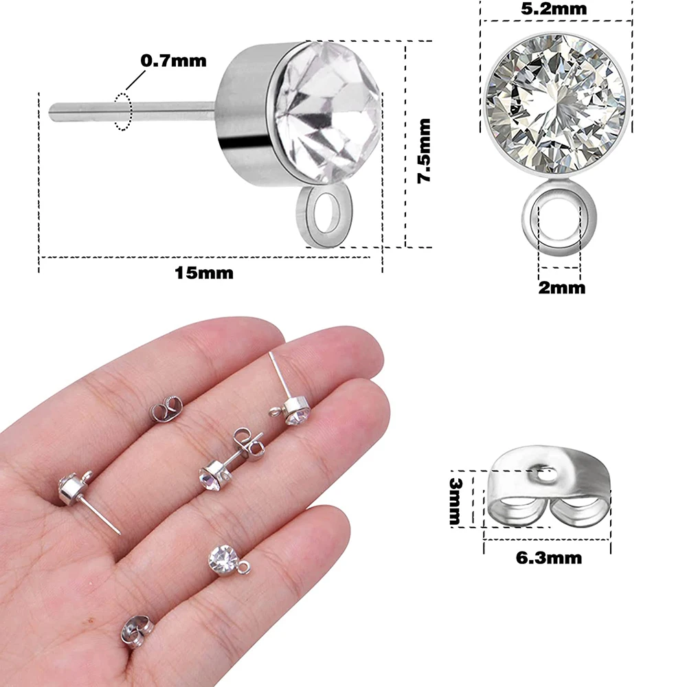 50pcs 5mm Rhinestone Earring Studs Hypoallergenic Ear Posts with Loop and 50pcs Ear Plug Earring Backs for DIY Jewelry Making
