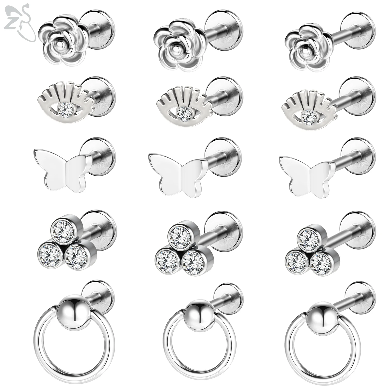 ZS 1PC 16G 316L acier inoxydable lèvre Piercing pour femmes fil interne lèvre anneau fleur forme Cartilage boucle d'oreille Helix Piercing