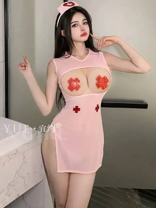 セクシーなナースドレスエレガントな女性のメッシュ透明メッシュレースファッションセクシーなミニドレス 2024 新しいホット制服誘惑トップ E7LG
